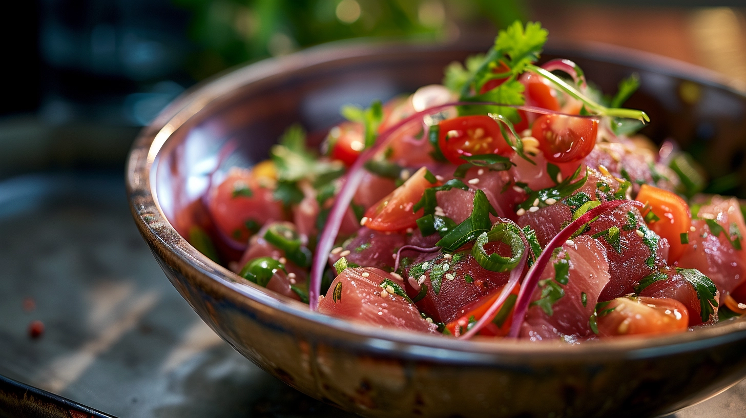 Close-up of a poke bowl with diced salmon, edamame, seaweed salad, and pickled ginger, drizzled with spicy mayo.