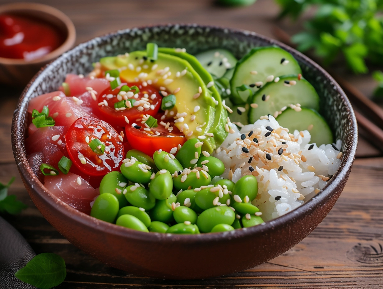 A colorful poke bowl featuring fresh tuna, avocado, cucumber, and sesame seeds, served over a bed of sushi rice.