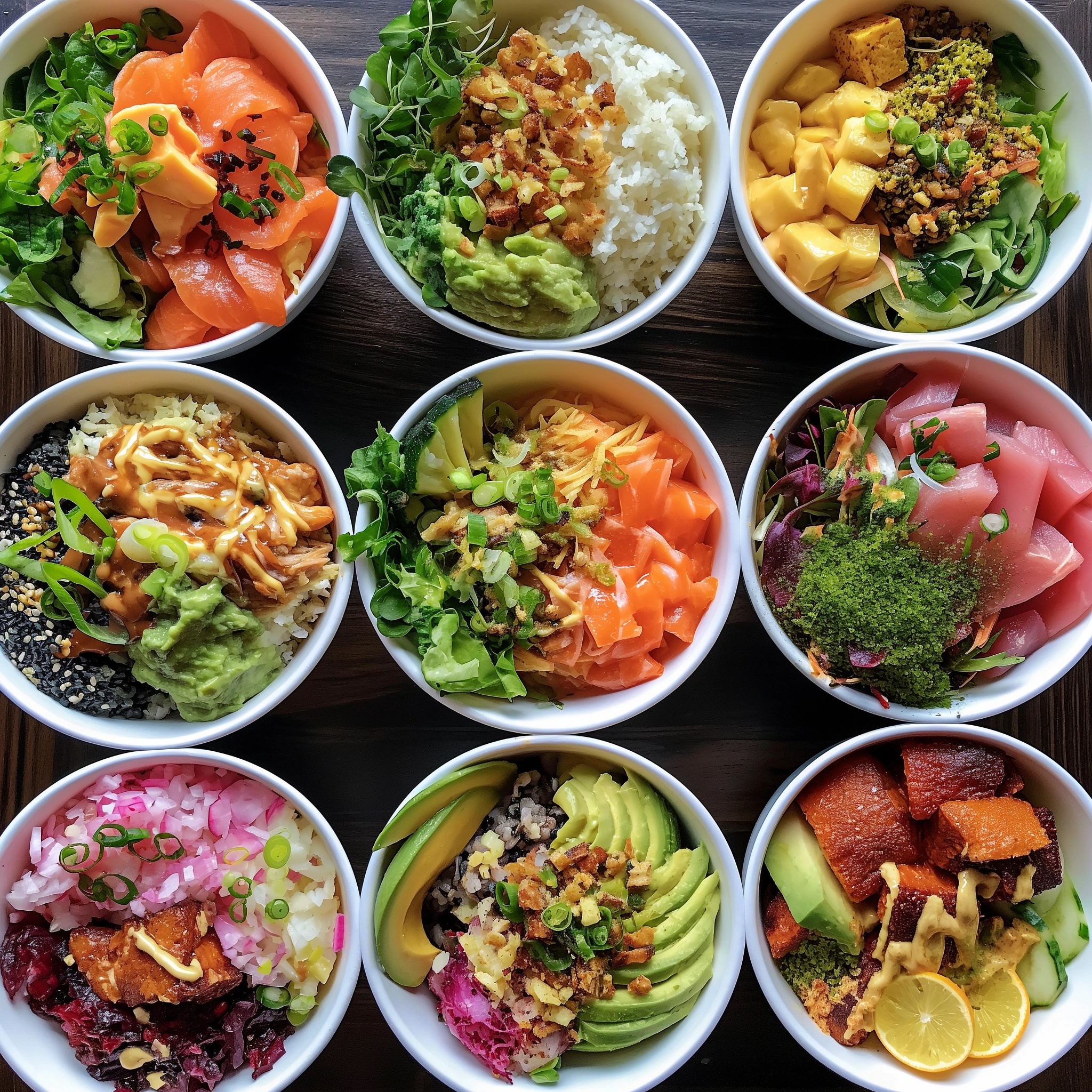 A mouthwatering poke bowl filled with tofu, mango, pineapple, and crispy wonton strips, offering a fusion of flavors and textures.