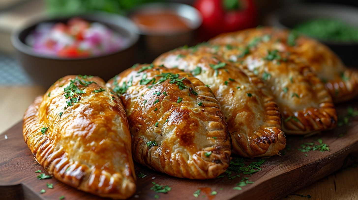 Hands skillfully shaping empanada dough around a rich, spicy beef filling, on a flour-dusted kitchen countertop, with a bowl of filling and a rolling pin nearby, capturing the process of creating these beloved handheld delights.