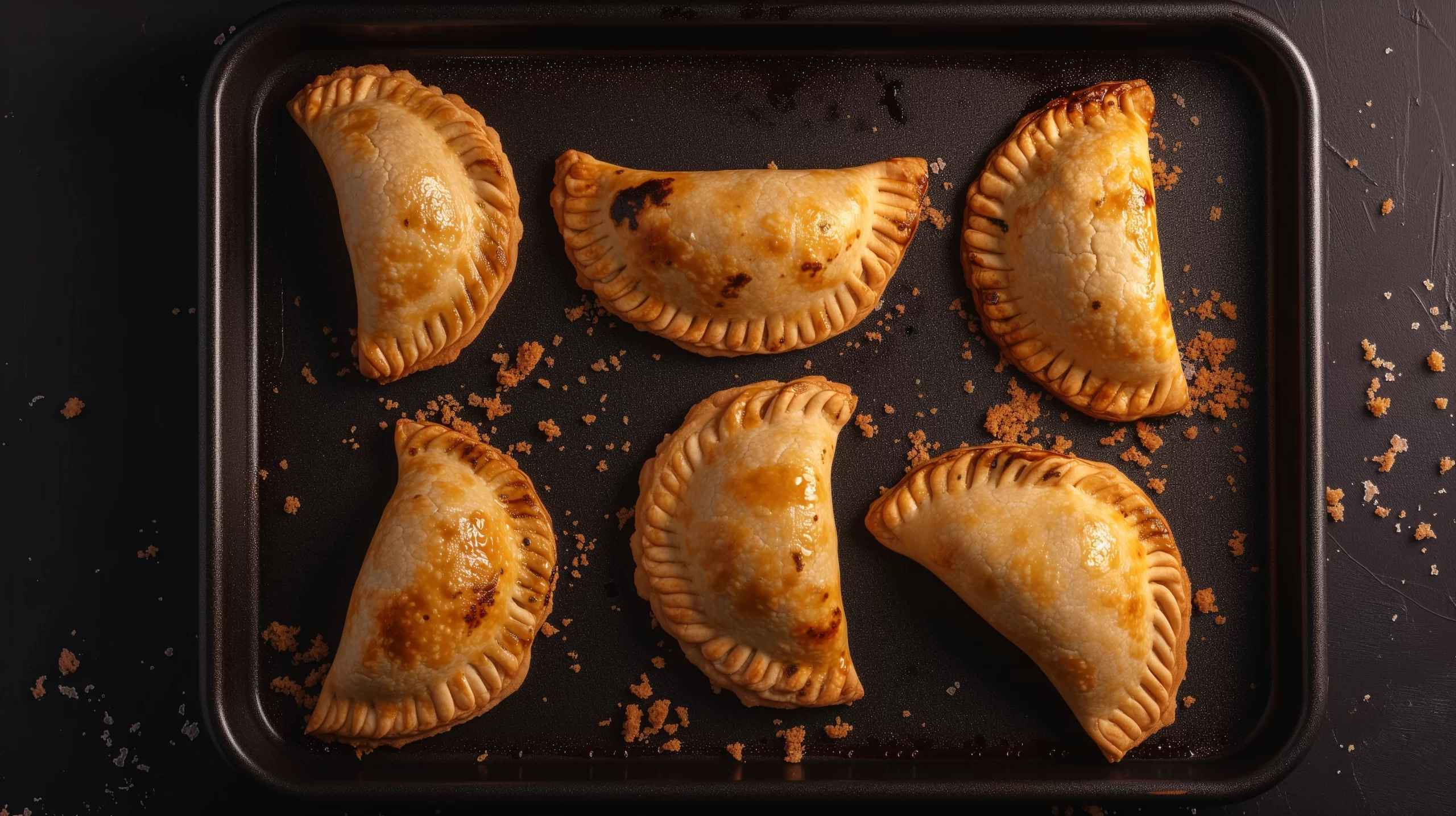 A variety of empanadas displayed on a rustic wooden table, each one crimped to perfection, showcasing different fillings peeking out, surrounded by ingredients like peppers, onions, and herbs, illustrating the diversity of flavors.