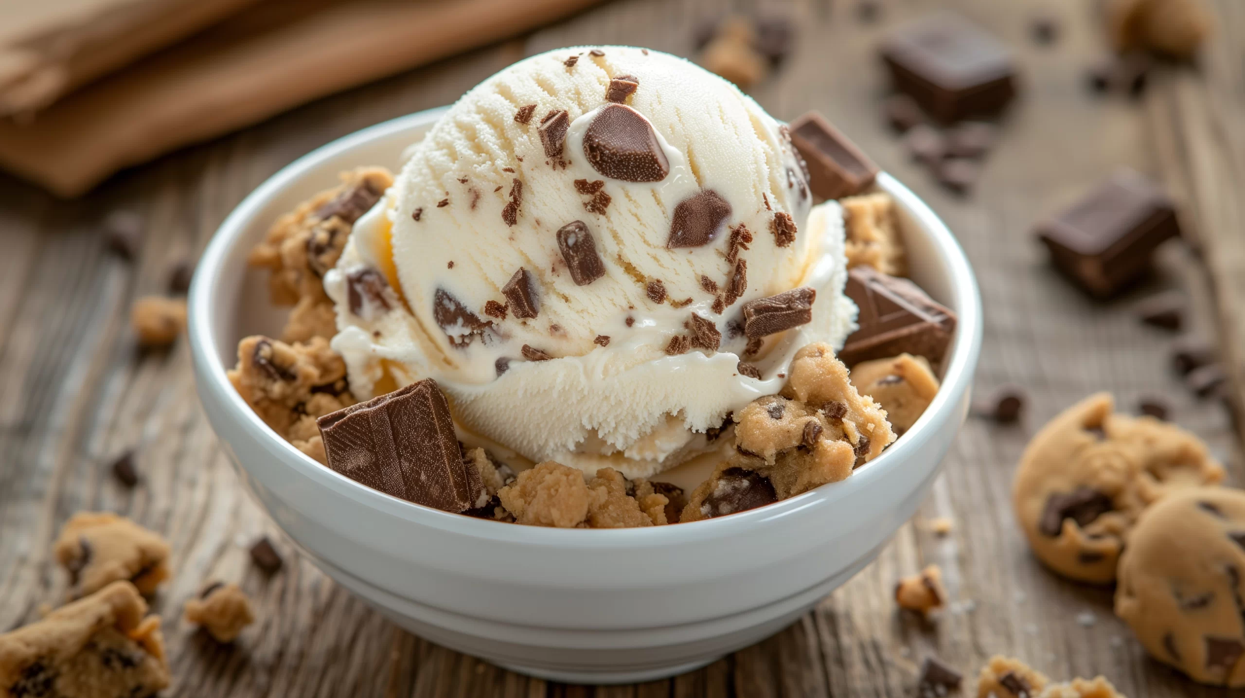 A bowl of creamy edible cookie dough studded with colorful sprinkles and dark chocolate chips, ready to be enjoyed with a spoon, set on a light marble countertop.