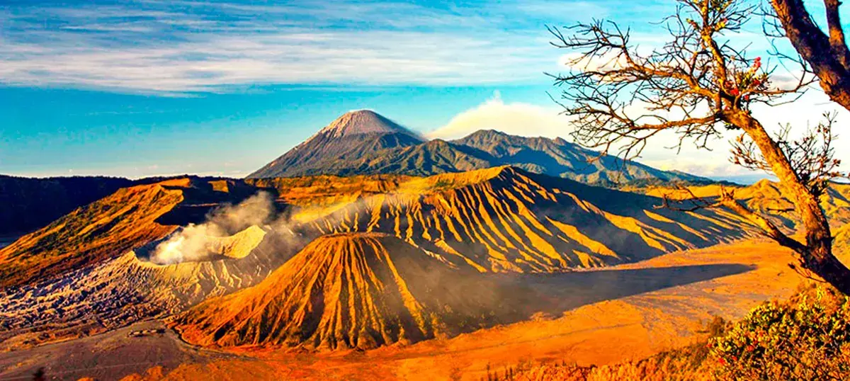 Golden sunrise illuminating Mount Bromo, casting colorful hues over the surrounding landscape.